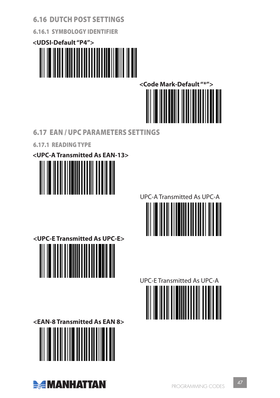 16 dutch post settings, 17 ean / upc parameters settings | Manhattan 177603 2D Barcode Scanner - Manual User Manual | Page 47 / 80