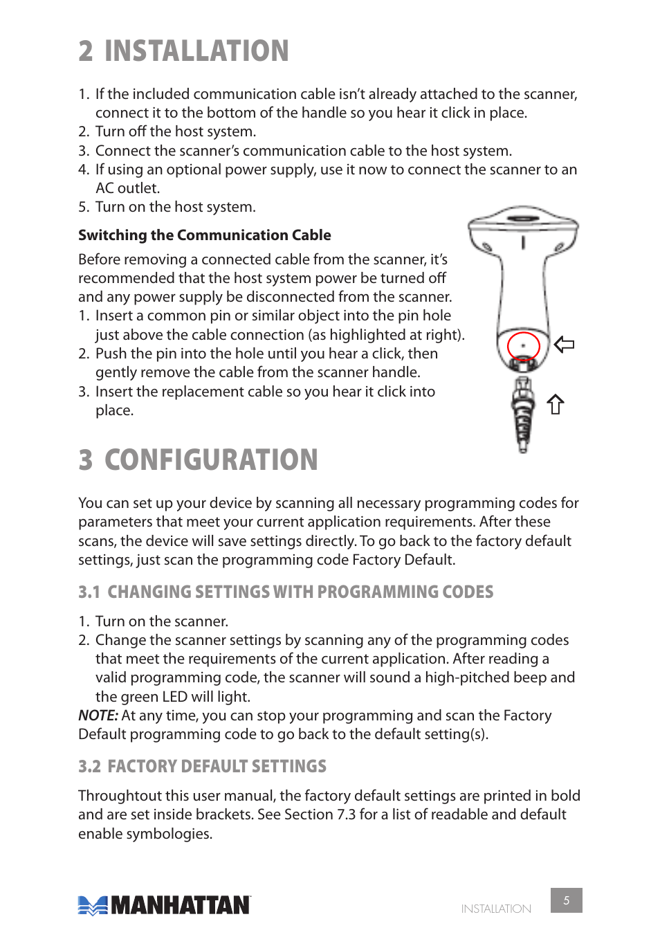 2 installation, 3 configuration, 1 changing settings with programming codes | 2 factory default settings | Manhattan 177603 2D Barcode Scanner - Manual User Manual | Page 5 / 80