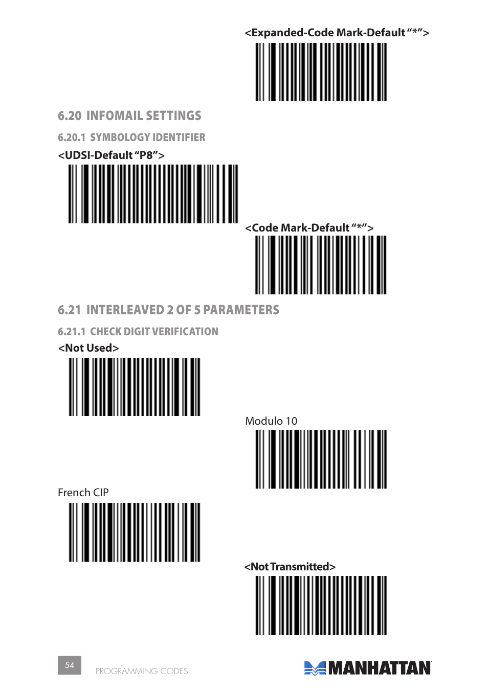 20 infomail settings, 21 interleaved 2 of 5 parameters | Manhattan 177603 2D Barcode Scanner - Manual User Manual | Page 54 / 80