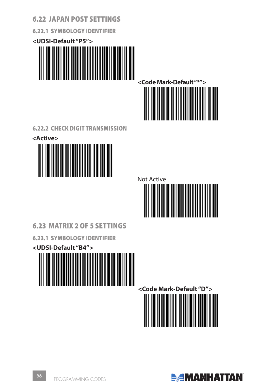 22 japan post settings, 23 matrix 2 of 5 settings | Manhattan 177603 2D Barcode Scanner - Manual User Manual | Page 56 / 80