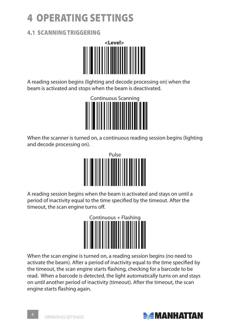 4 operating settings, 1 scanning triggering | Manhattan 177603 2D Barcode Scanner - Manual User Manual | Page 6 / 80