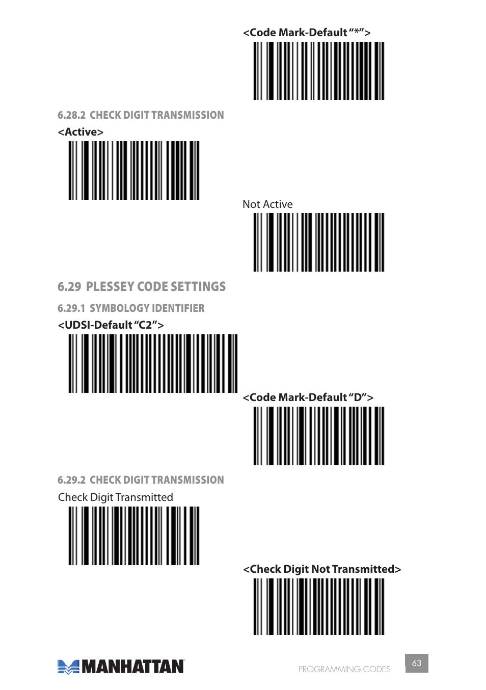 29 plessey code settings | Manhattan 177603 2D Barcode Scanner - Manual User Manual | Page 63 / 80