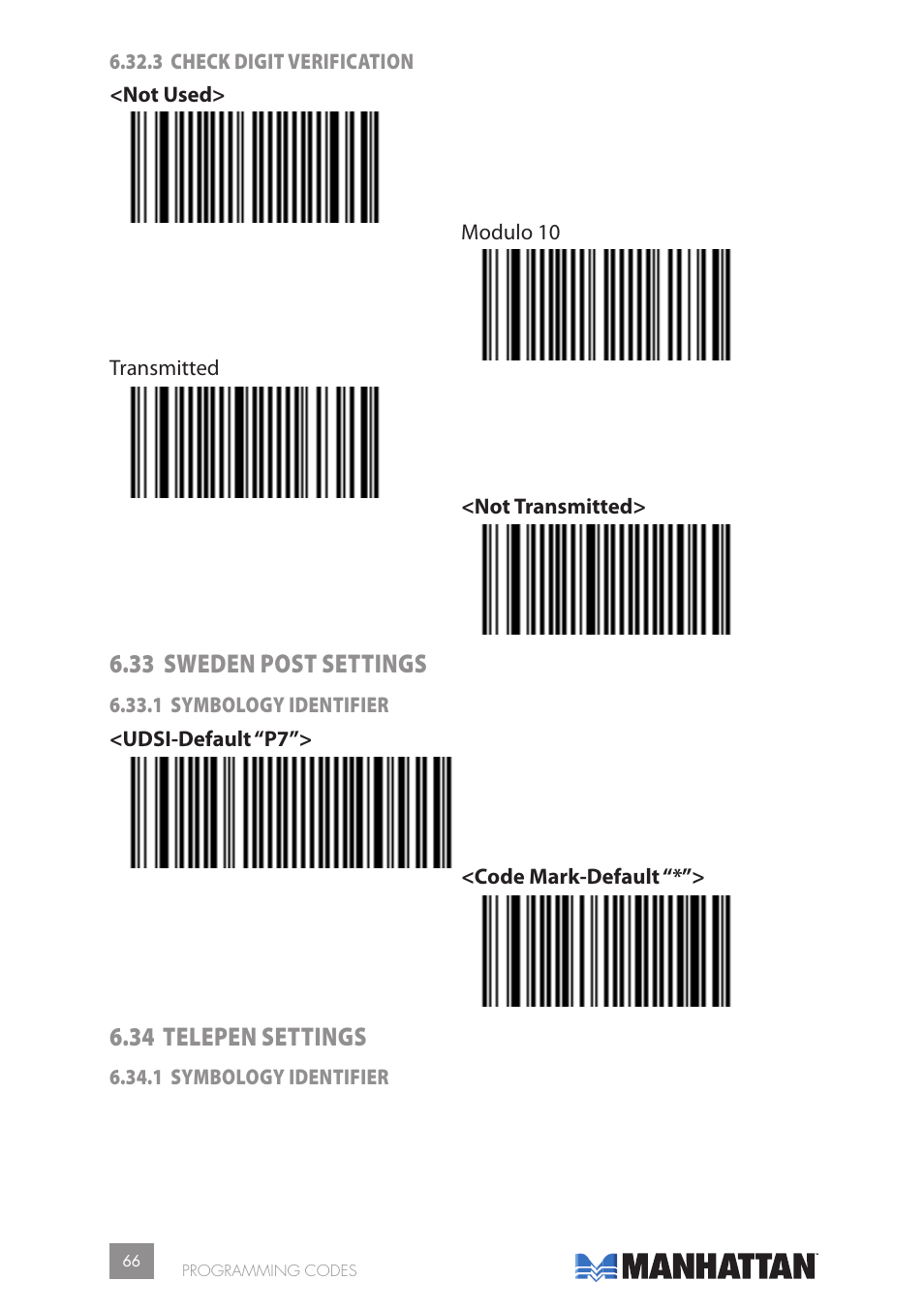 33 sweden post settings, 34 telepen settings | Manhattan 177603 2D Barcode Scanner - Manual User Manual | Page 66 / 80