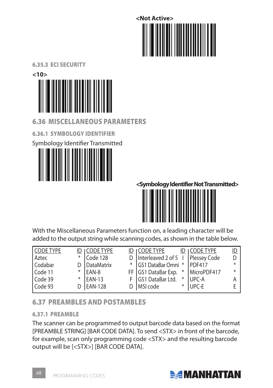 36 miscellaneous parameters, 37 preambles and postambles | Manhattan 177603 2D Barcode Scanner - Manual User Manual | Page 68 / 80