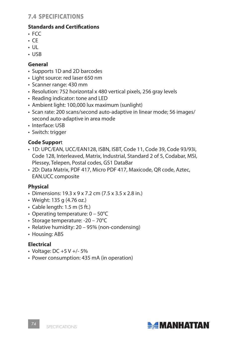 4 specifications | Manhattan 177603 2D Barcode Scanner - Manual User Manual | Page 74 / 80