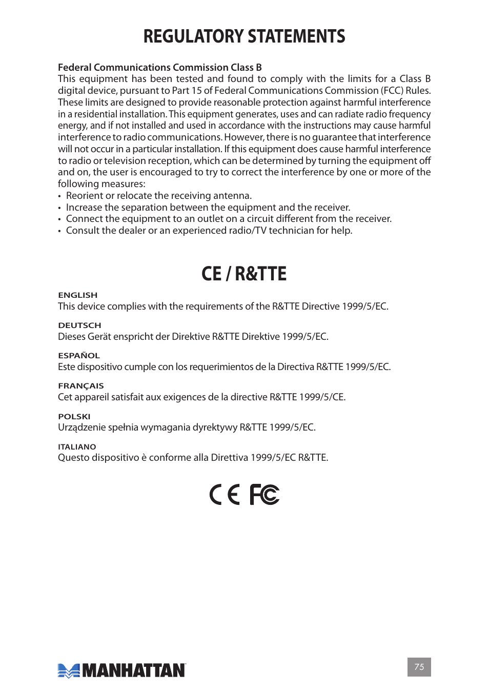 Ce / r&tte, Regulatory statements | Manhattan 177603 2D Barcode Scanner - Manual User Manual | Page 75 / 80