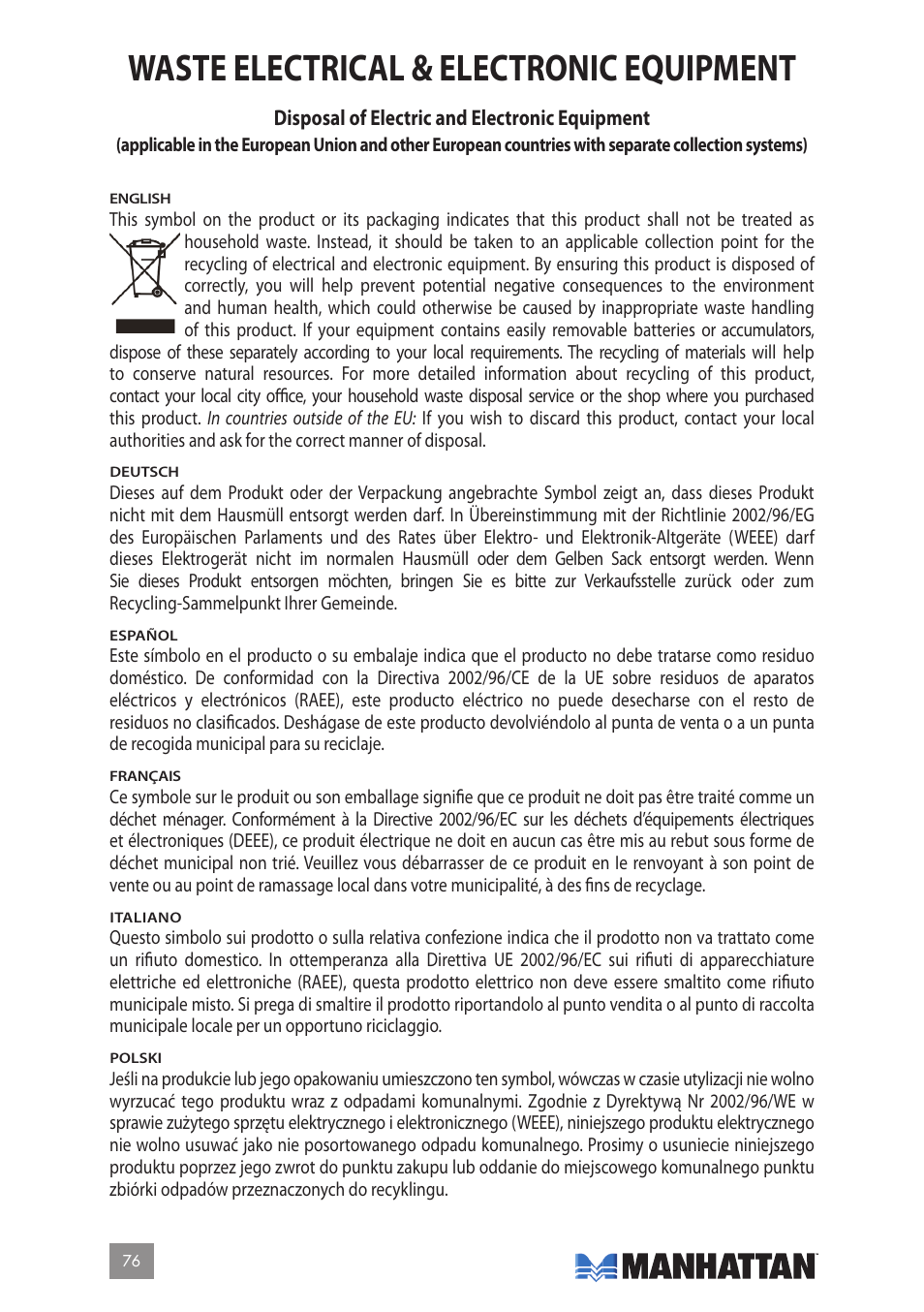 Waste electrical & electronic equipment | Manhattan 177603 2D Barcode Scanner - Manual User Manual | Page 76 / 80