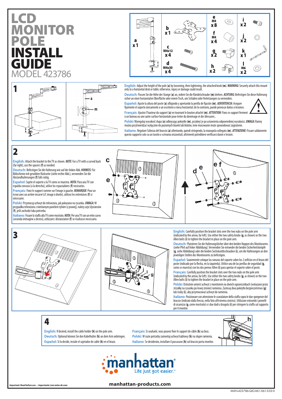 Manhattan 423786 LCD Monitor Pole - Quick Install (Multi) User Manual | 2 pages