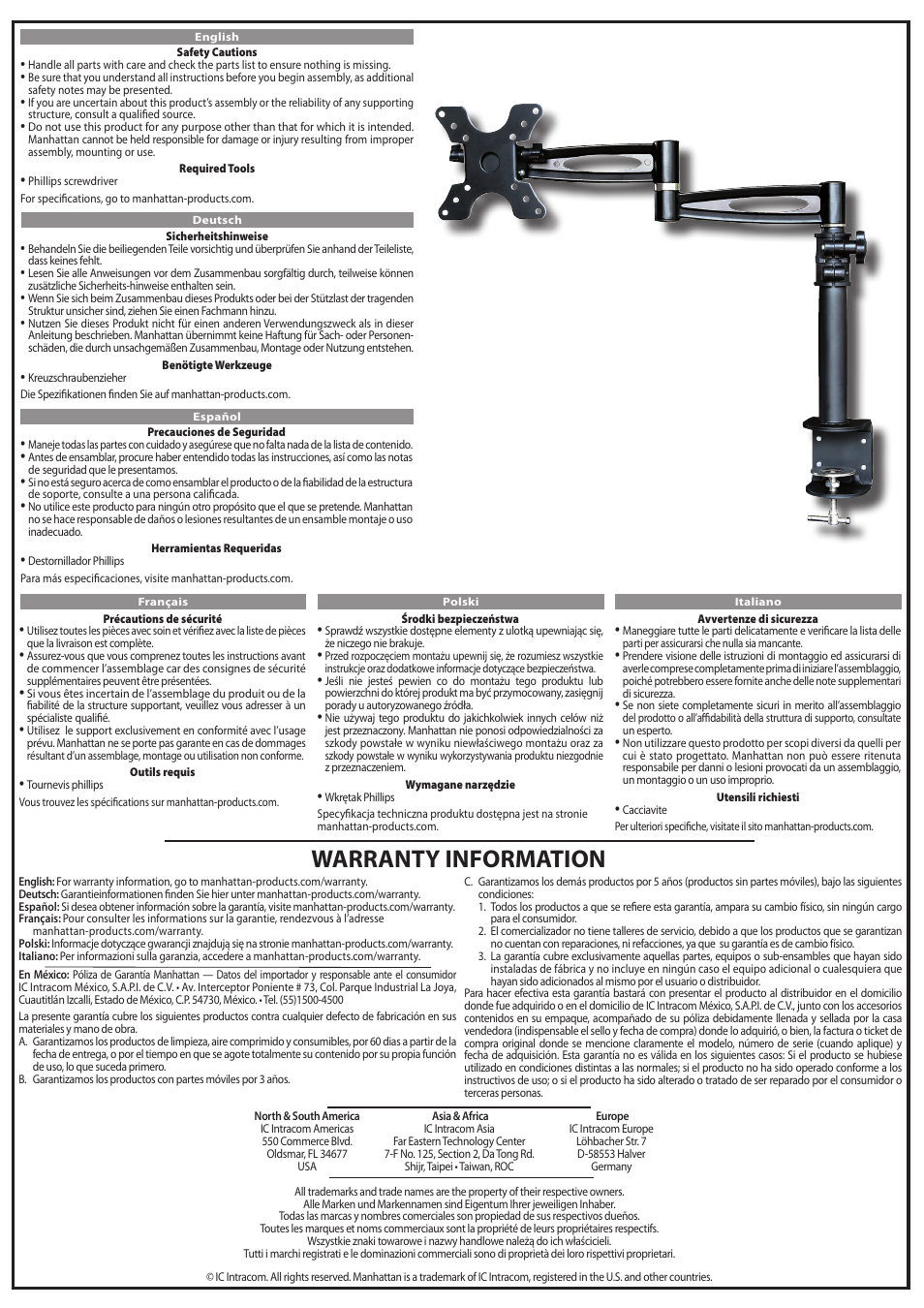 Warranty information | Manhattan 423786 LCD Monitor Pole - Quick Install (Multi) User Manual | Page 2 / 2