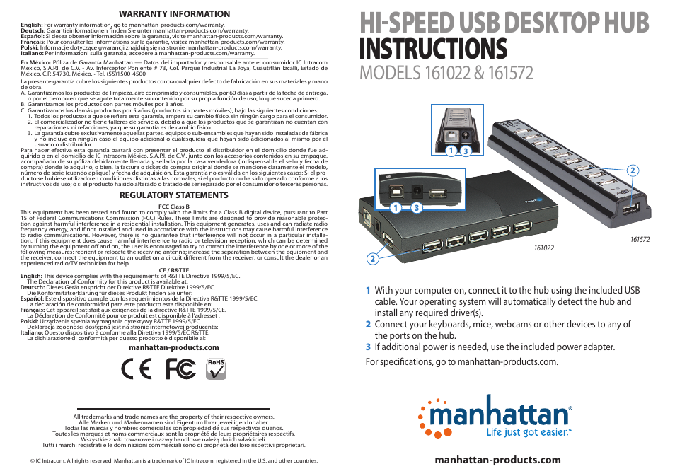 Manhattan 161022 Hi-Speed USB Desktop Hub - Quick Install (Multi) User Manual | 2 pages