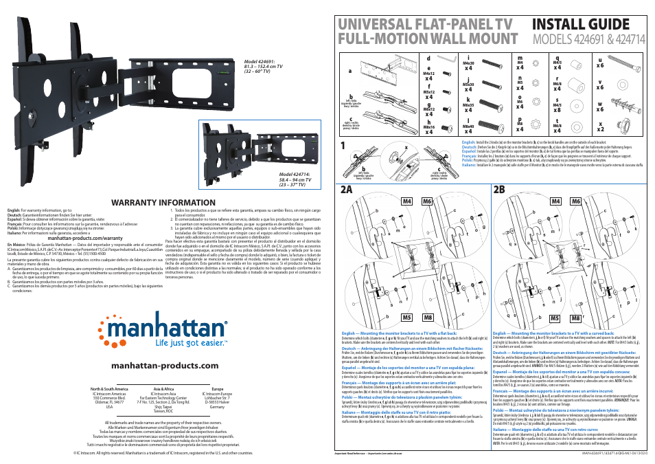Manhattan 424691 Universal Flat-Panel TV Full-Motion Wall Mount - Quick Install (Multi) User Manual | 2 pages
