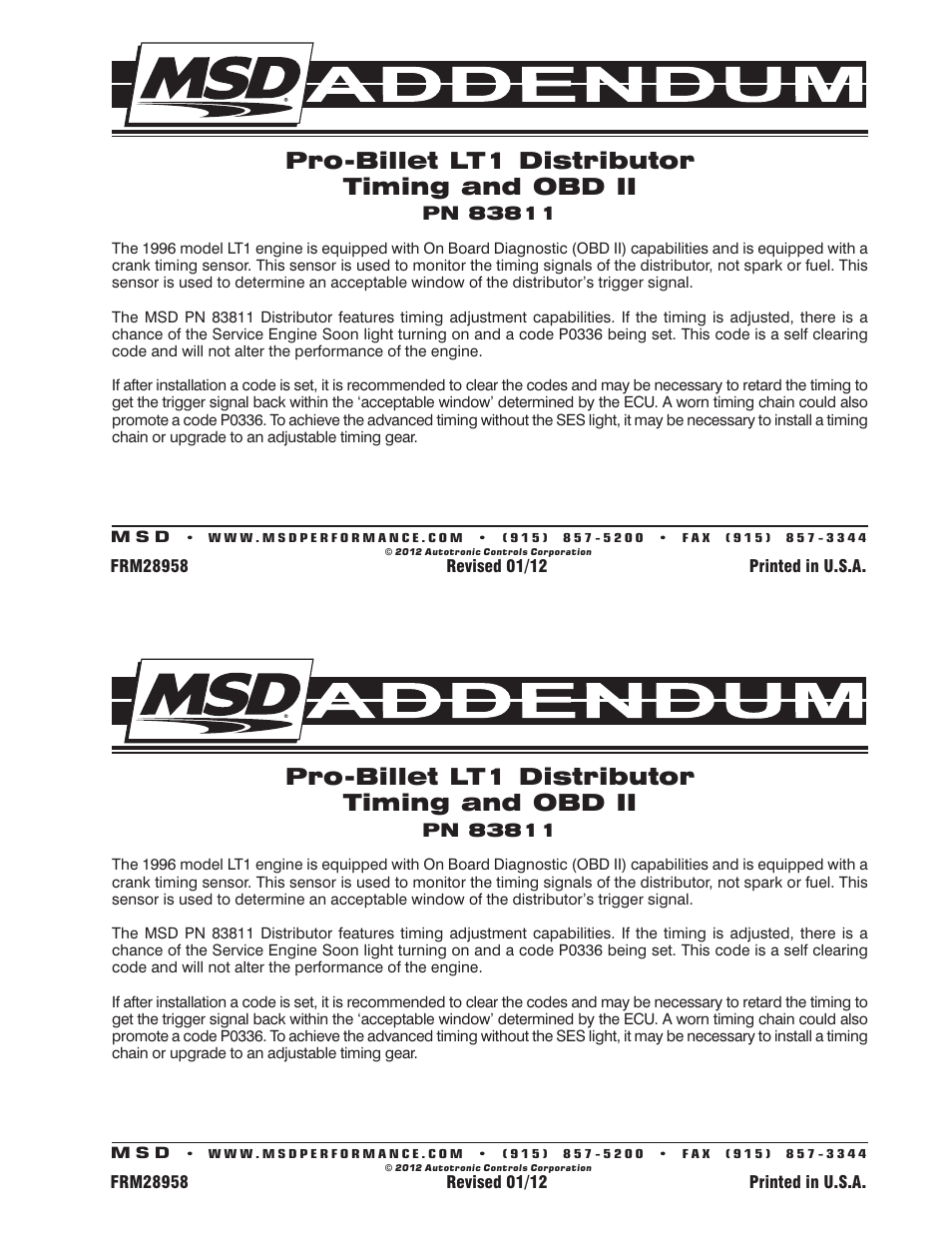 MSD 83811 GM LT-1 5.7L Distributor 95-97 User Manual | 1 page