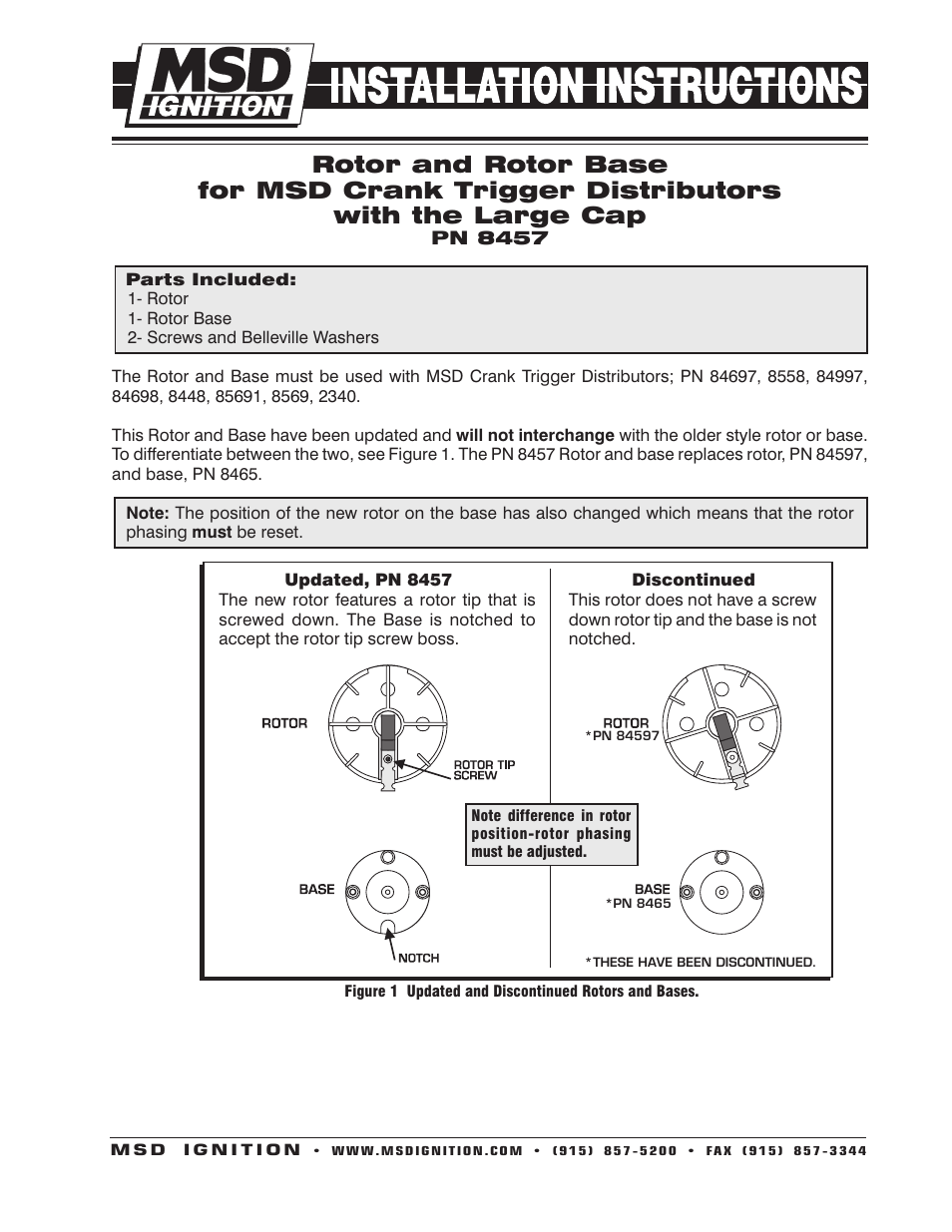 MSD 8457 Rotor, Includes Base, Fits LP CT Distributors Installation User Manual | 2 pages