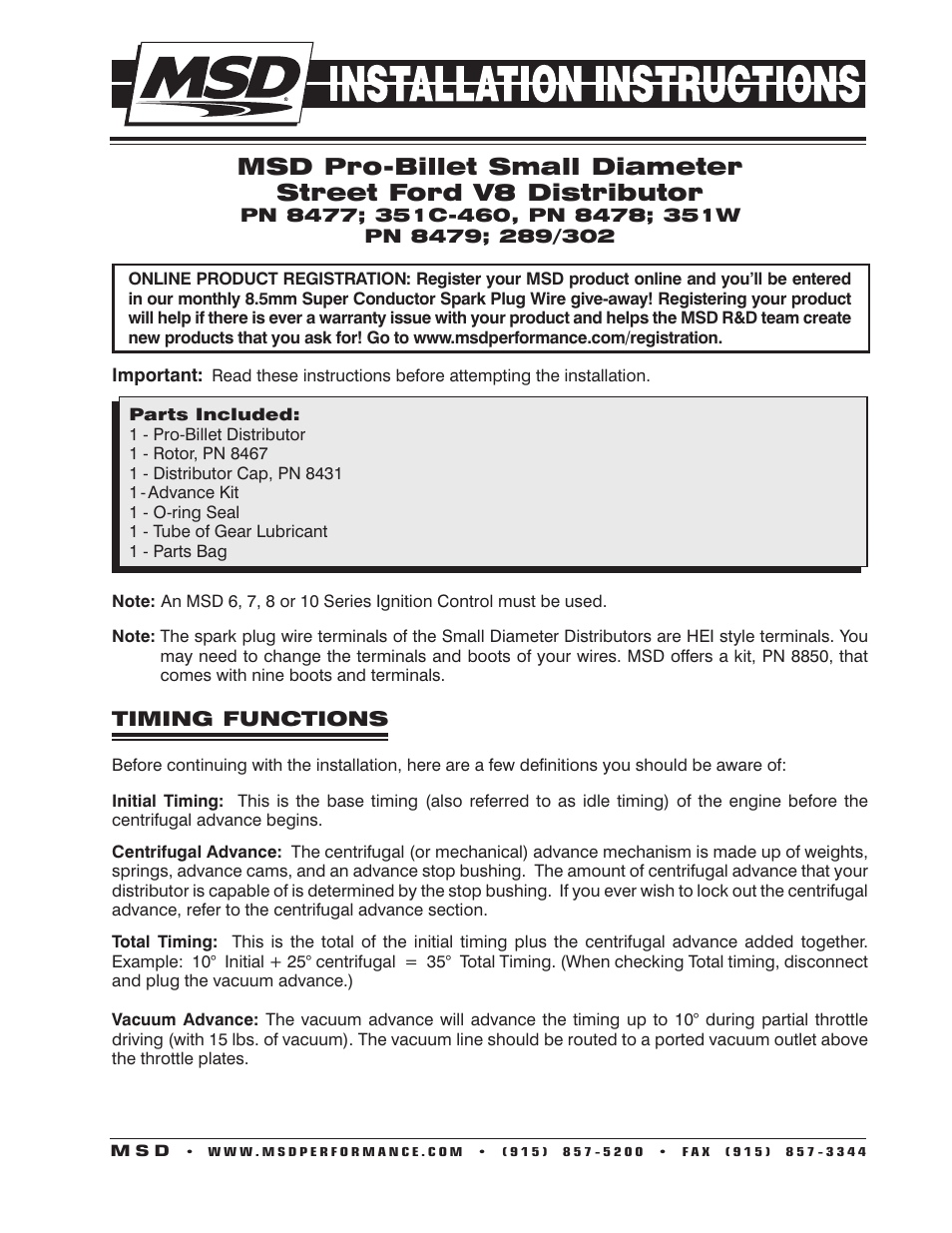 MSD 8478 Ford 351W Street Pro-Billet Installation User Manual | 8 pages