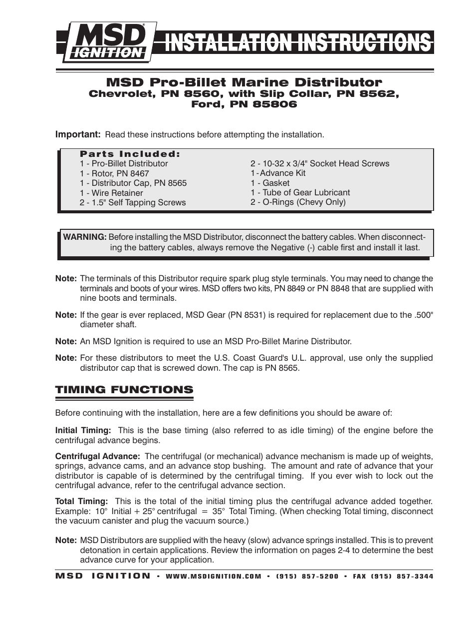 MSD 8560 Chevy V8 Marine Certified Distributor Installation User Manual | 8 pages