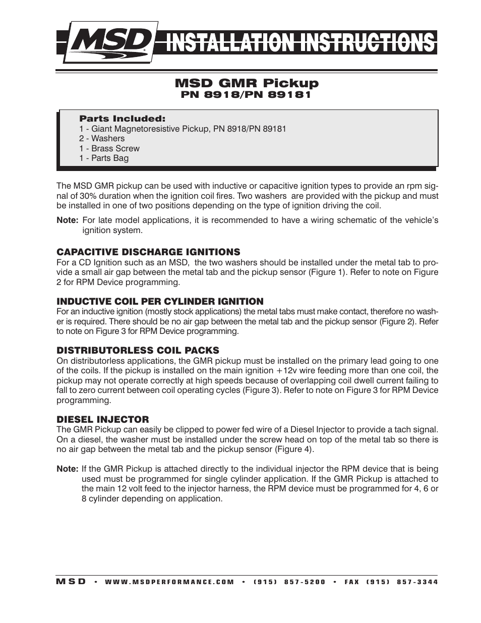 MSD 8918 Tach Signal GMR Pickup Installation User Manual | 4 pages