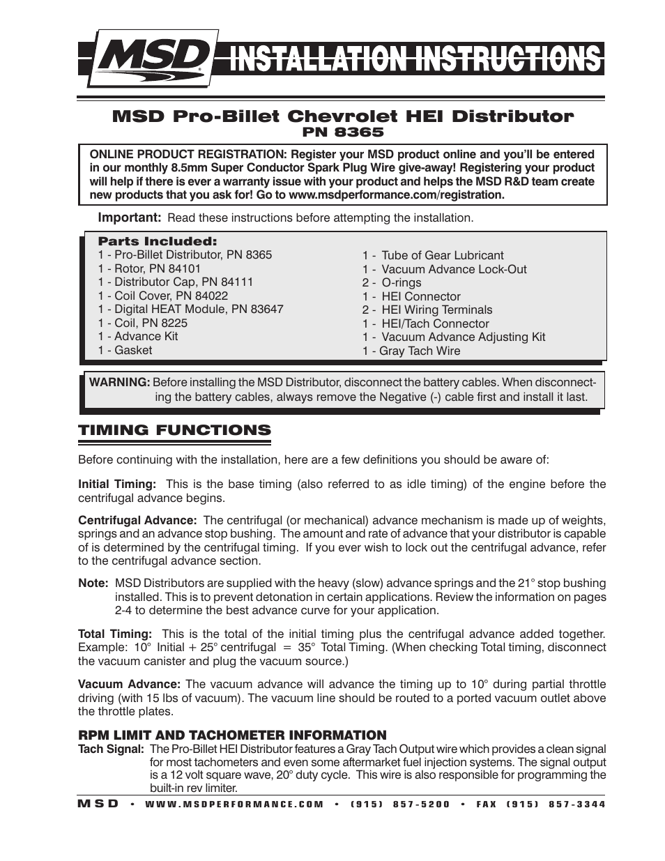 MSD 8365 GM HEI Billet Distributor Installation User Manual | 8 pages