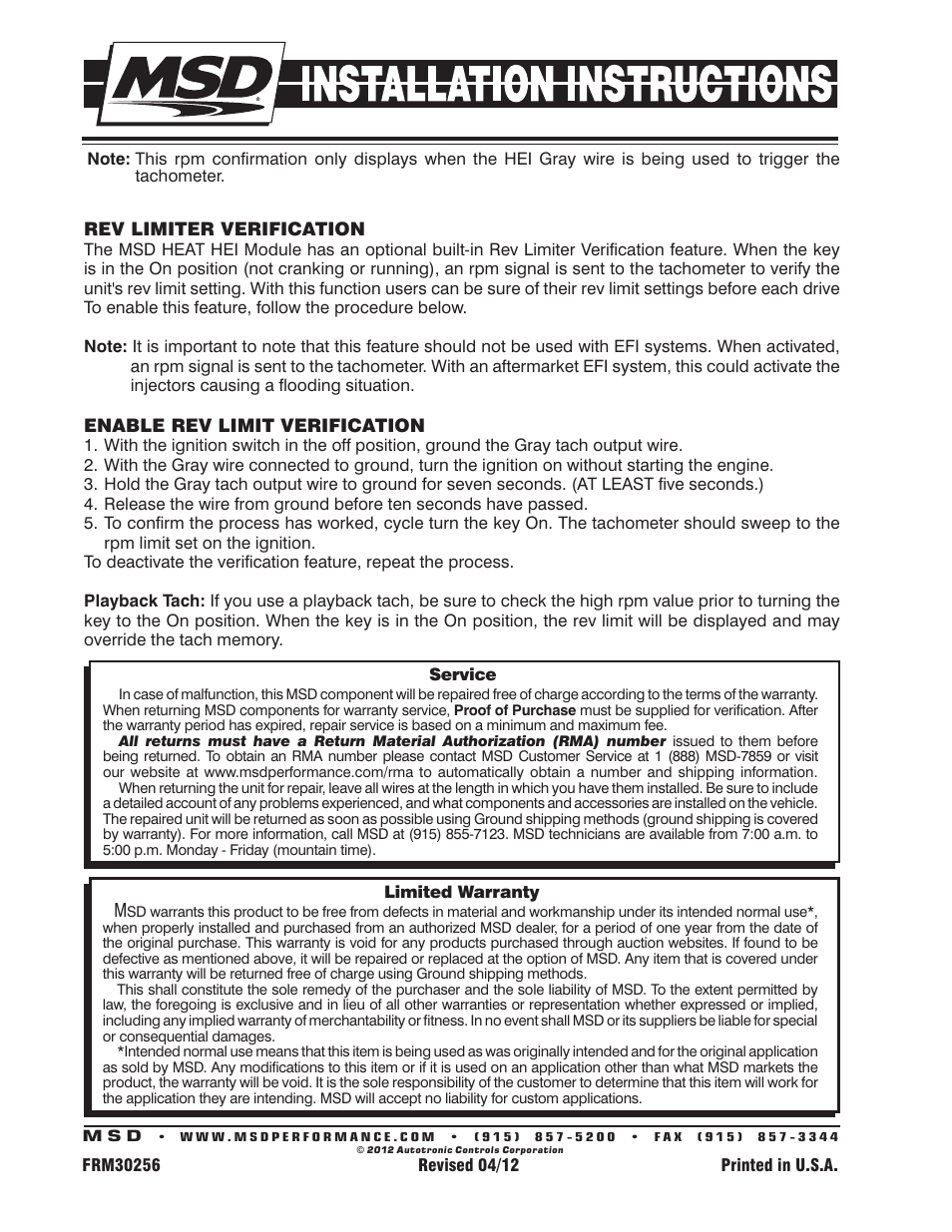 MSD 8365 GM HEI Billet Distributor Installation User Manual | Page 8 / 8