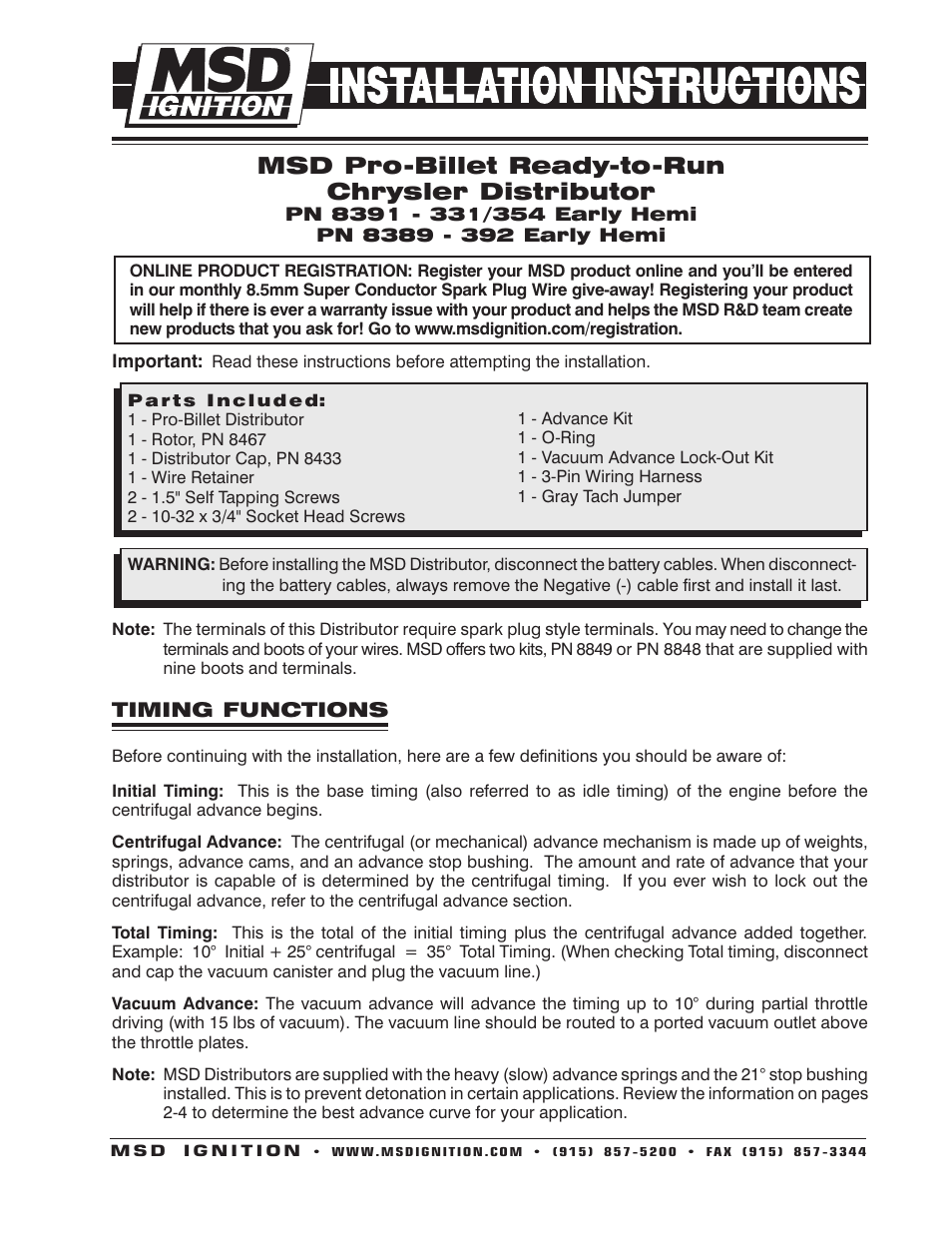 MSD 8389 Chrysler 392 Ready to Run Distributor Installation User Manual | 8 pages