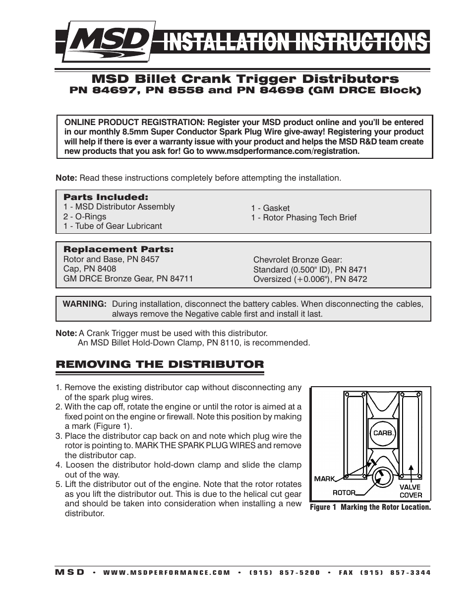 MSD 84697 Chevy V8 Crank Trigger Distributor Installation User Manual | 4 pages
