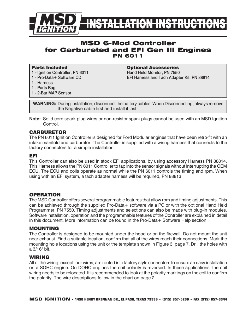 MSD 6011 Ford Modular Ignition Controller for 4.6L_5.4L Installation User Manual | 8 pages