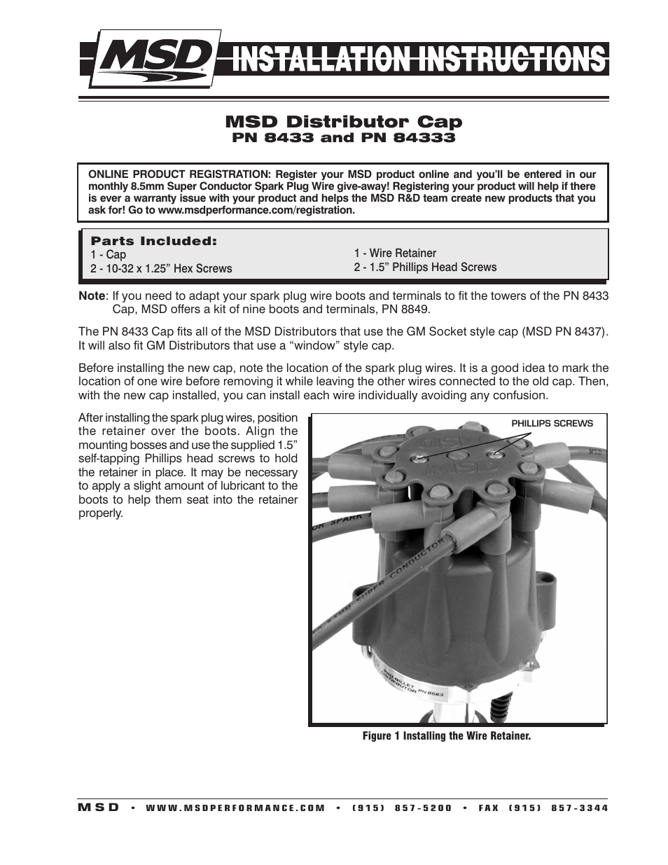 MSD 8433 Chevy V8 HEI Retainer Distributor Cap Installation User Manual | 2 pages