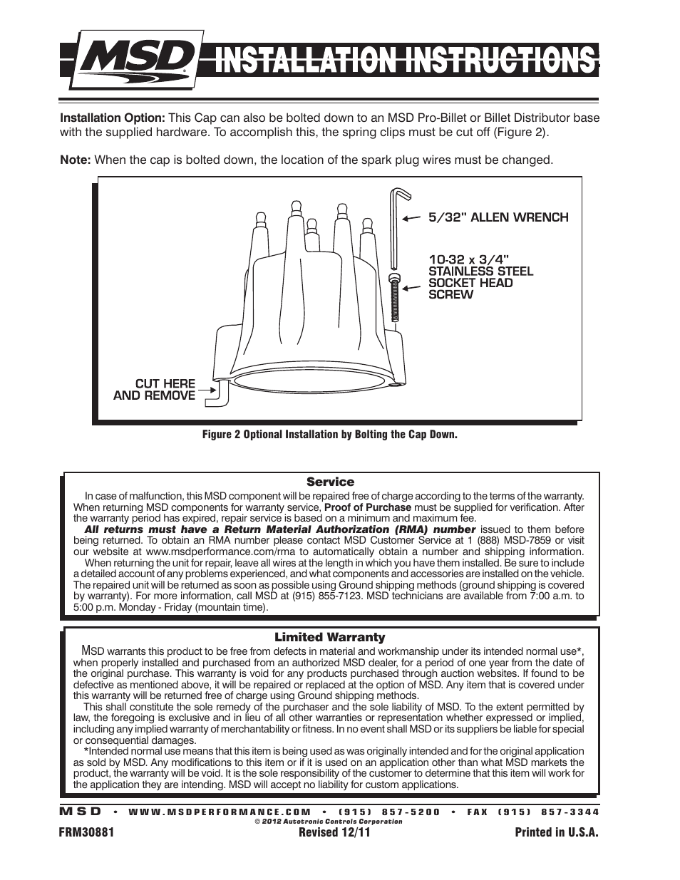 MSD 8433 Chevy V8 HEI Retainer Distributor Cap Installation User Manual | Page 2 / 2
