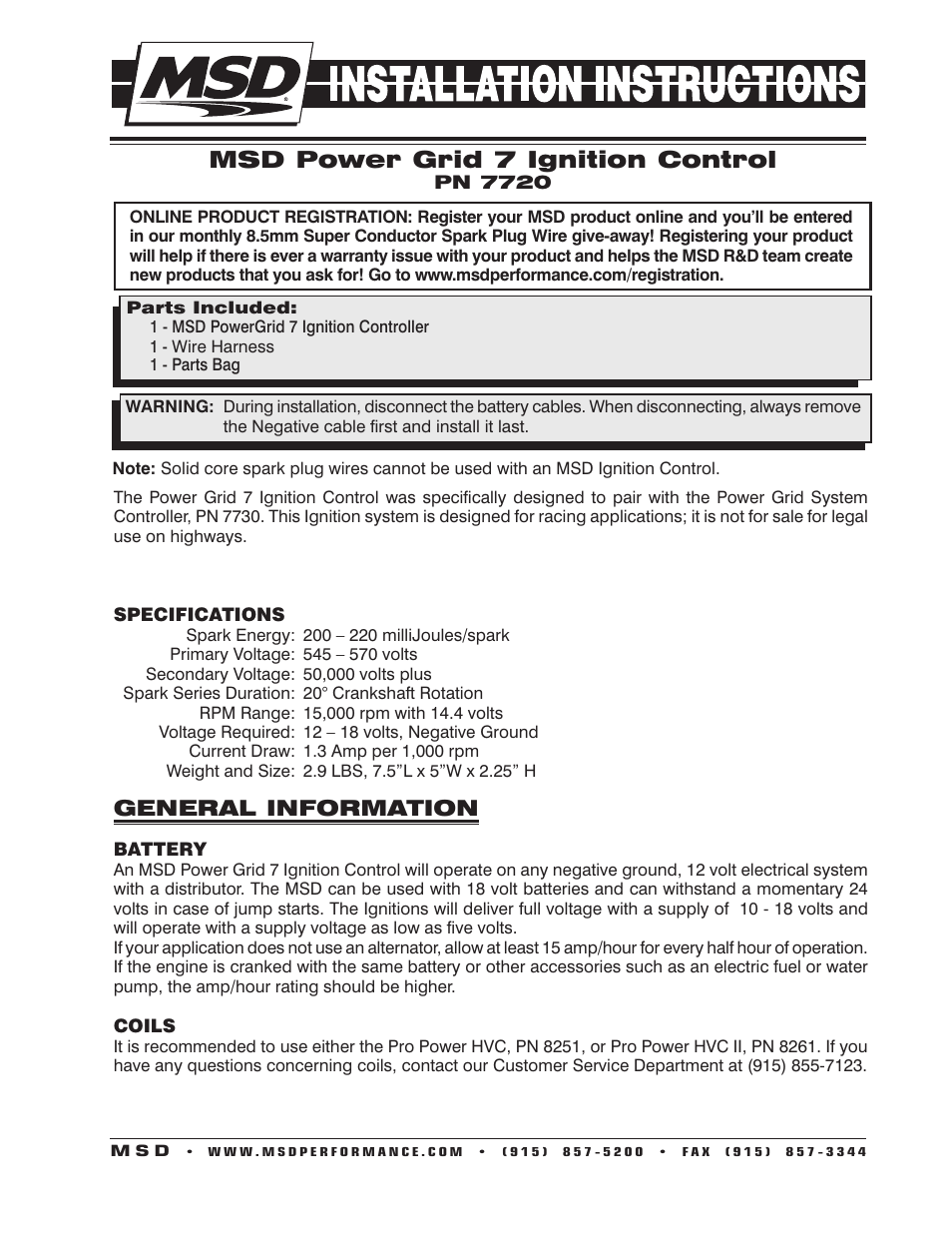 MSD 7720 Power Grid System - Ignition Control Only Installation User Manual | 8 pages