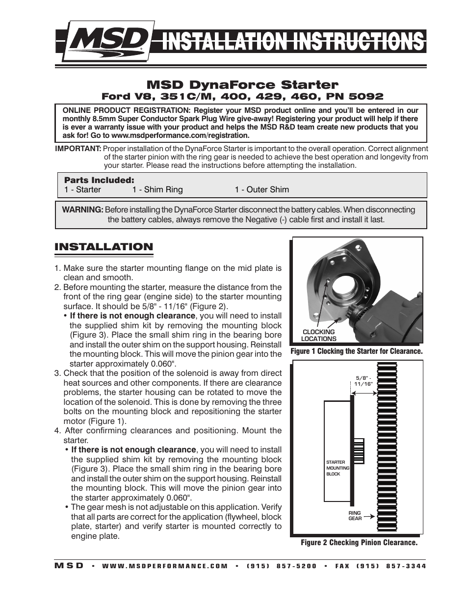 MSD 5092 DynaForce Starter, Ford BB 351M, 400, 429 Engines Installation User Manual | 4 pages