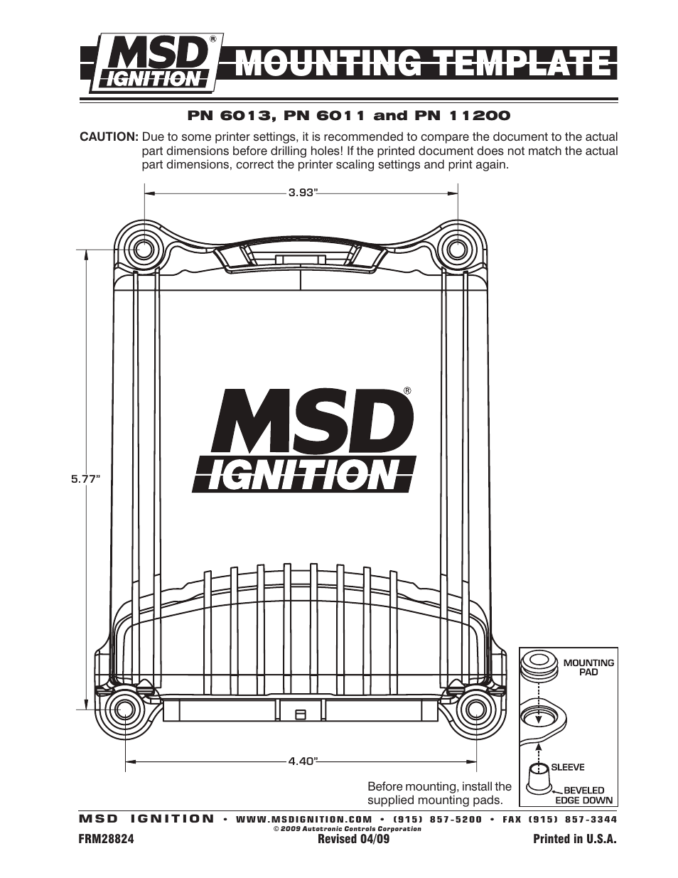 MSD 6013 Ignition_Timing Control for Late HEMI Mounting template User Manual | 1 page