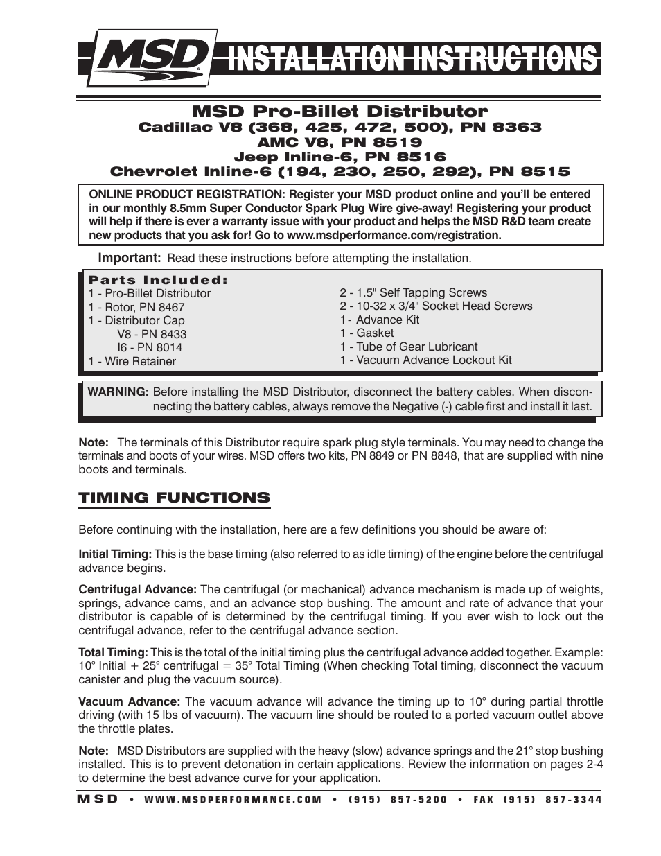 MSD 8363 Cadillac V8 Distributor w_Vacuum Advance Installation User Manual | 8 pages