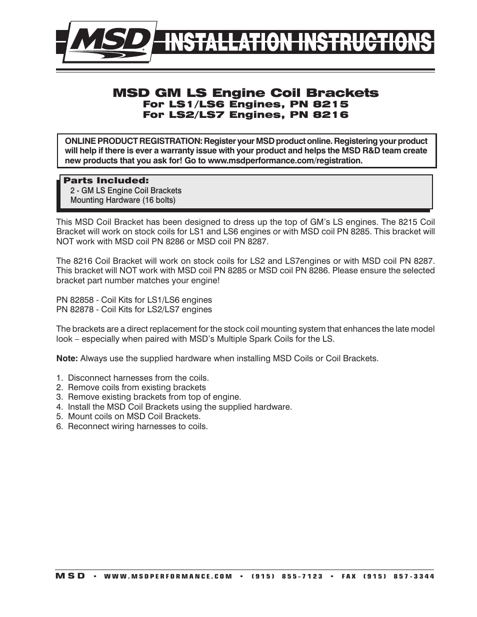 MSD 8215 GM LS1_LS6 Engine Coil Brackets Installation User Manual | 2 pages