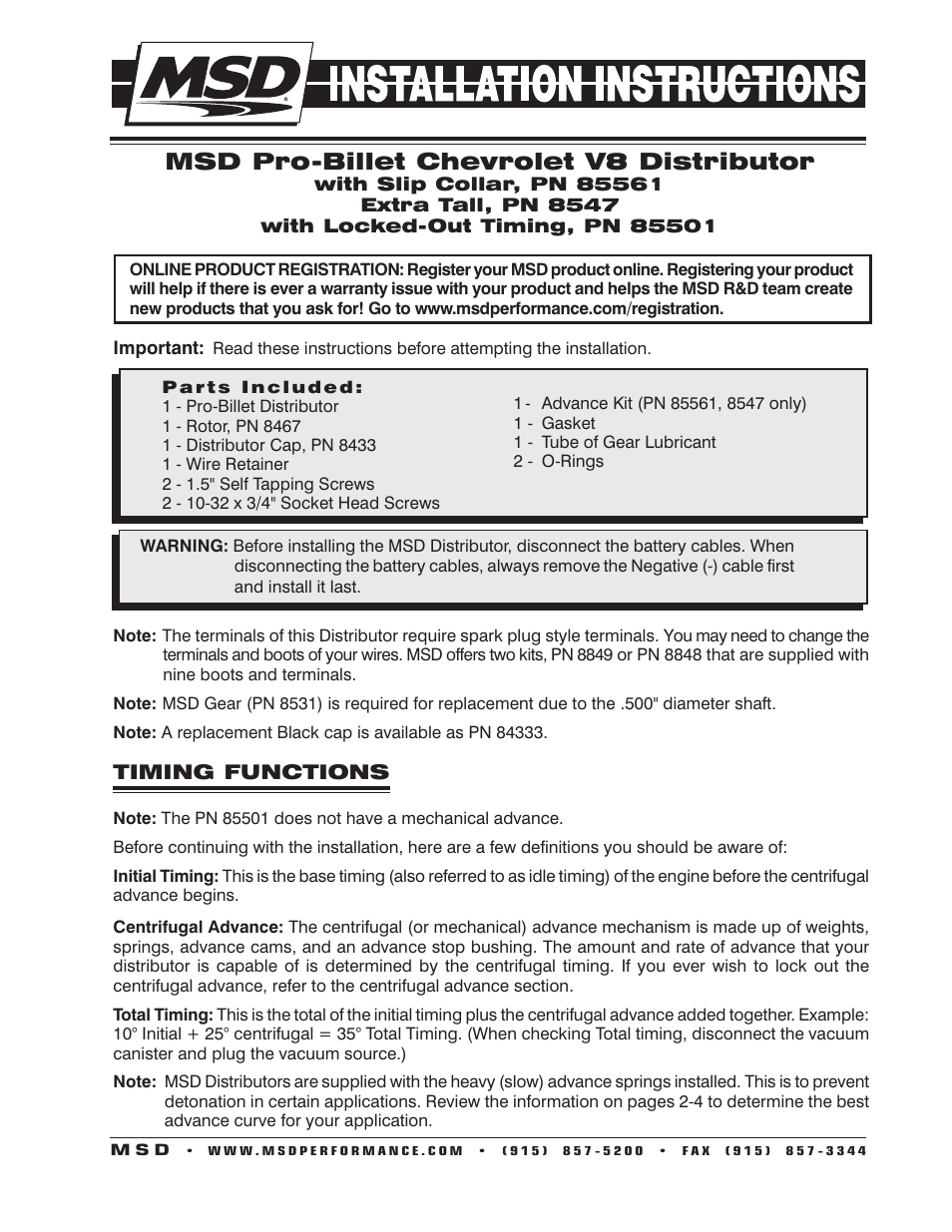 MSD 85501 Chevy V8 Pro-Billet Distributor Installation User Manual | 8 pages
