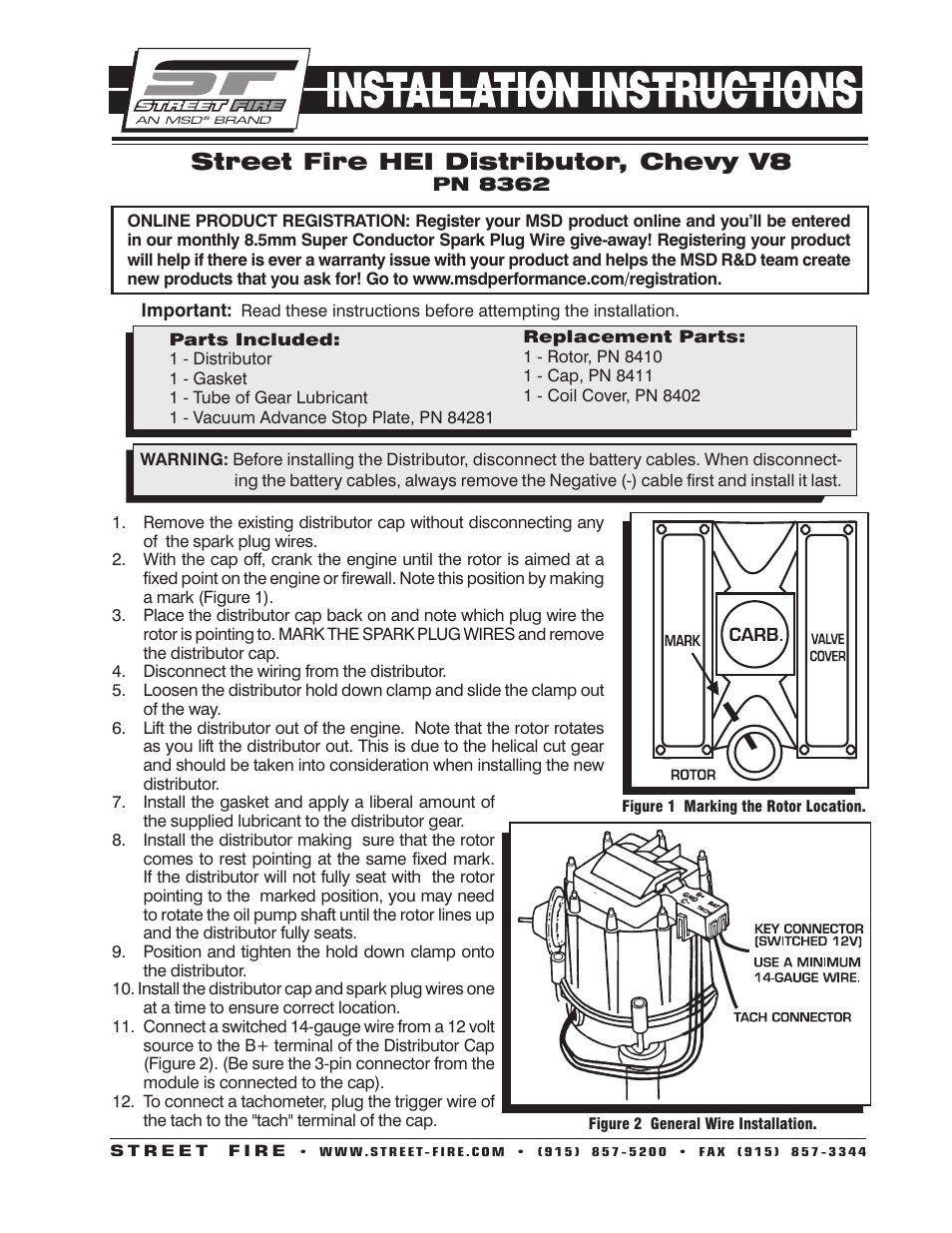 MSD 8362 Street Fire Chevrolet V8 GM HEI Distributor Installation User Manual | 2 pages