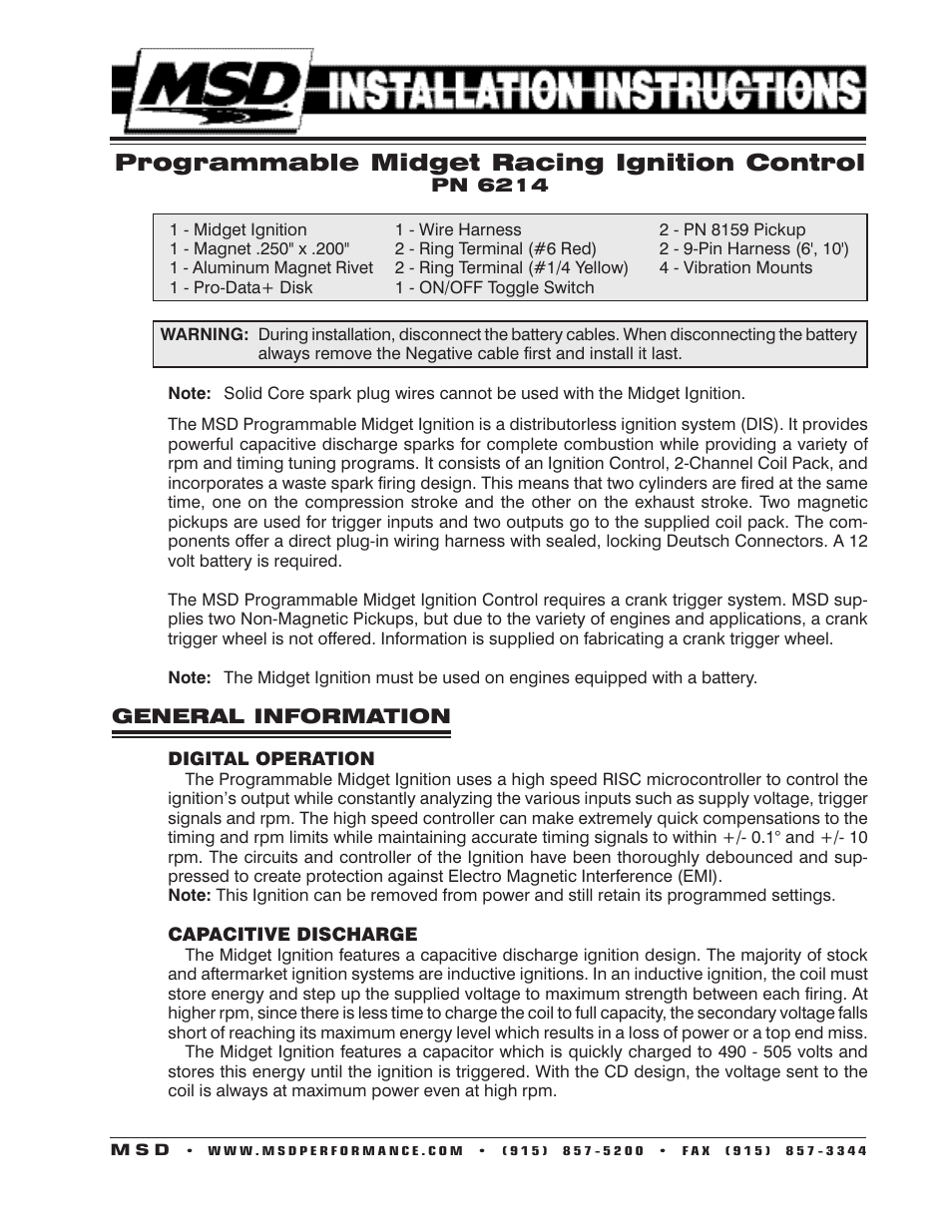 MSD 6214 Midget DIS-2 Programmable Race Ignition Installation User Manual | 16 pages