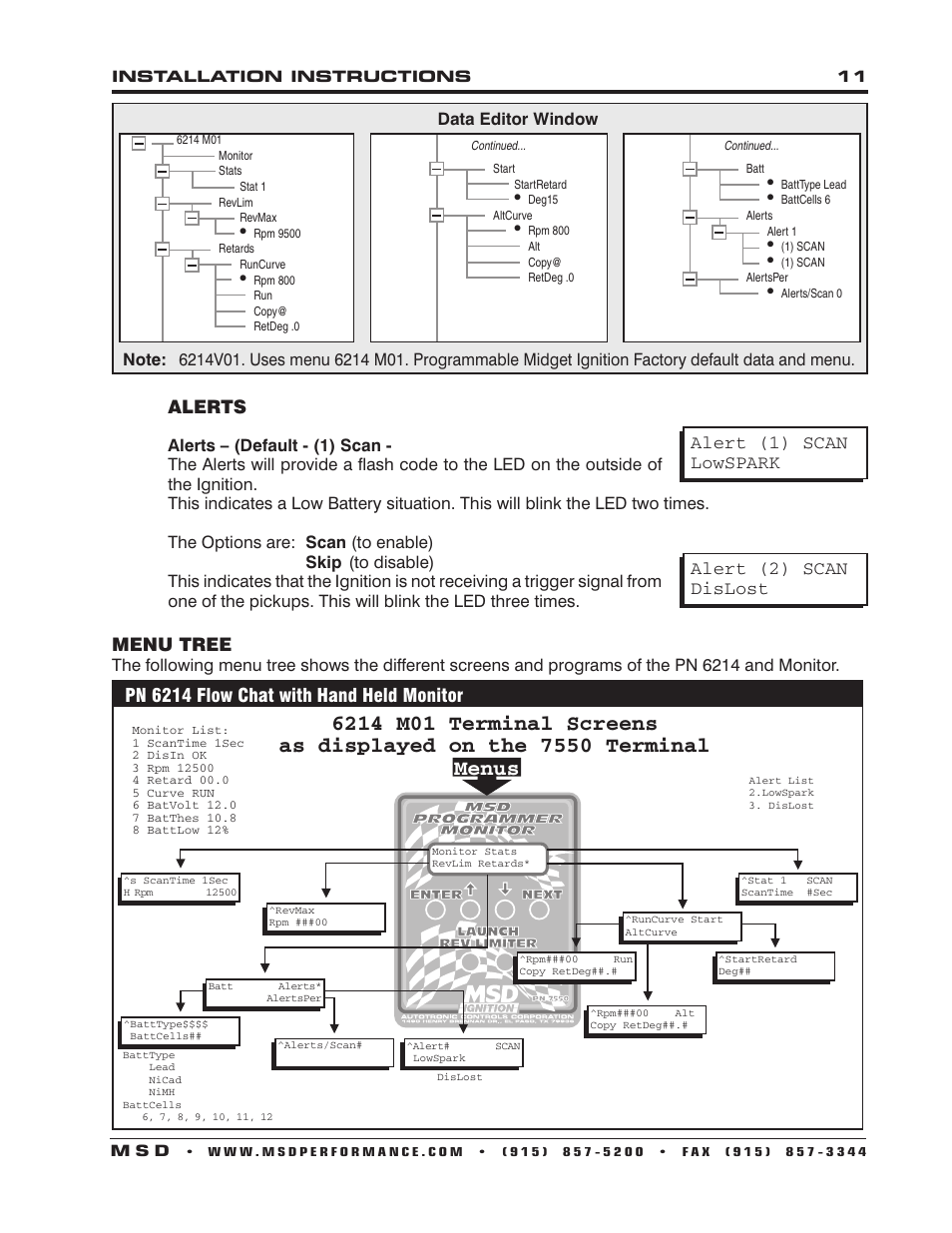 Menus, Alerts, Pn 6214 flow chat with hand held monitor | MSD 6214 Midget DIS-2 Programmable Race Ignition Installation User Manual | Page 11 / 16