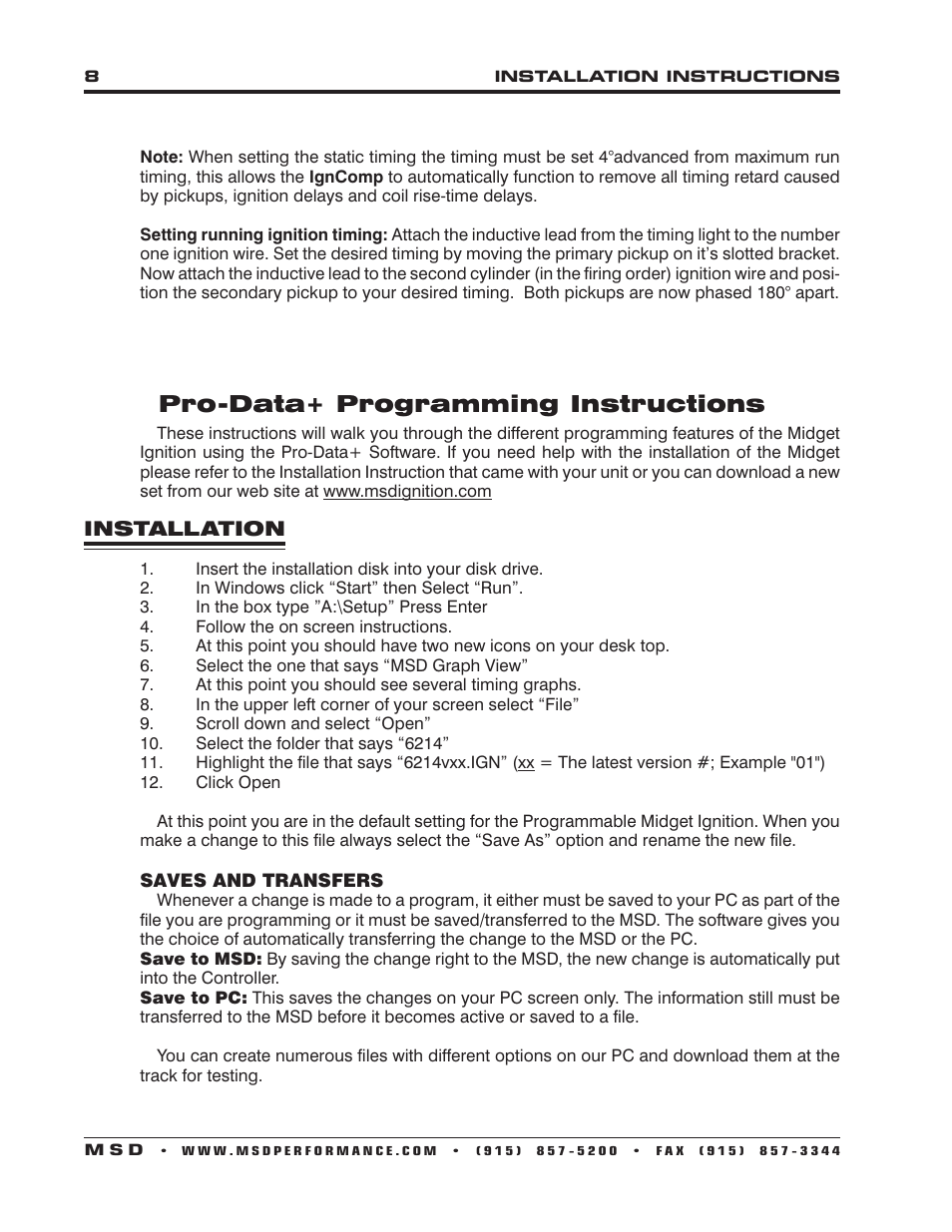 Pro-data+ programming instructions | MSD 6214 Midget DIS-2 Programmable Race Ignition Installation User Manual | Page 8 / 16