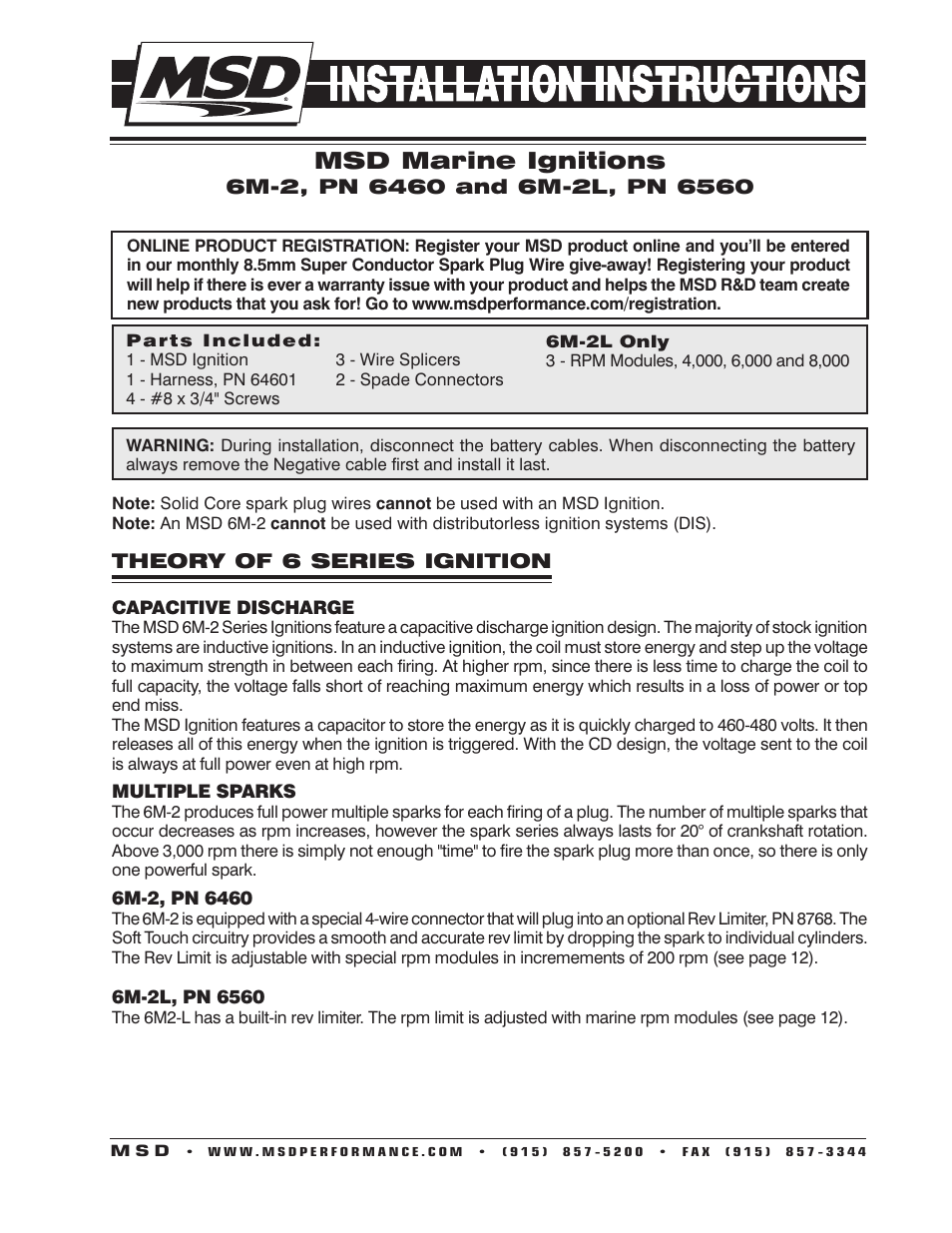 MSD 6560 6M-2L Marine Certified Ignition with Rev Limit Installation User Manual | 12 pages