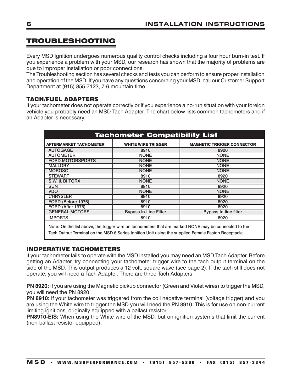 Troubleshooting | MSD 6560 6M-2L Marine Certified Ignition with Rev Limit Installation User Manual | Page 6 / 12