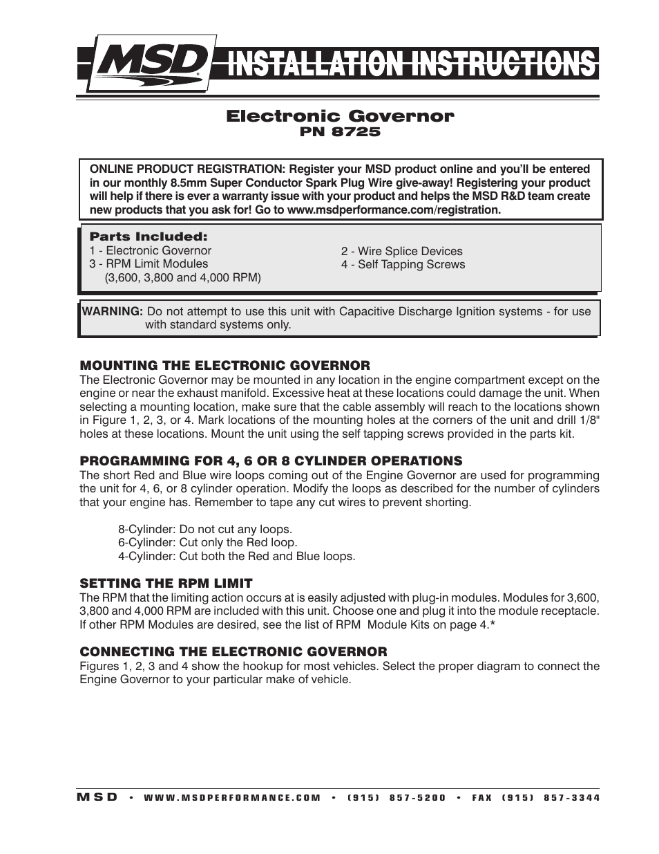 MSD 8725 Electronic Engine Governor Installation User Manual | 4 pages