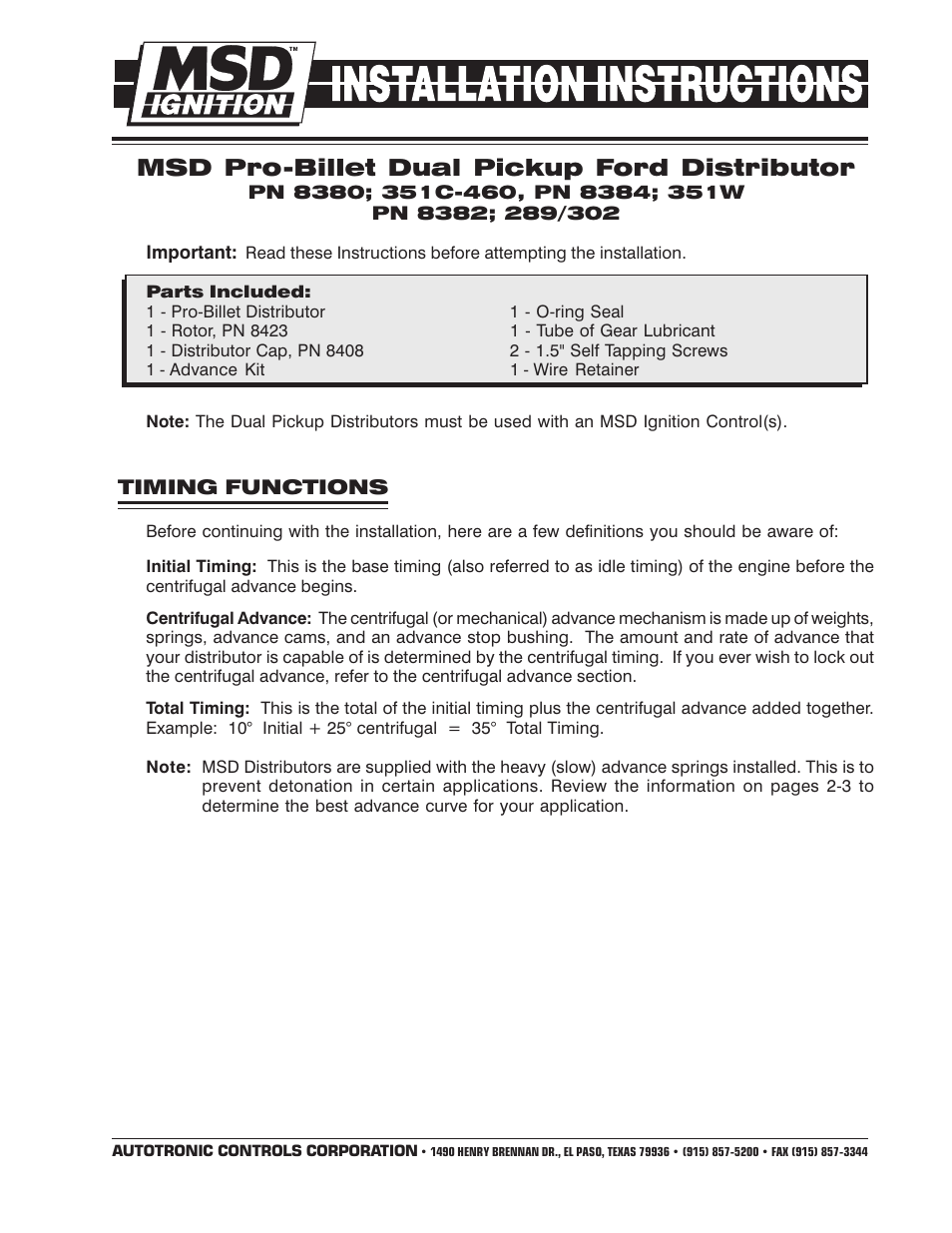 MSD 8384 Ford 351W Dual Pickup Distributor Installation User Manual | 8 pages