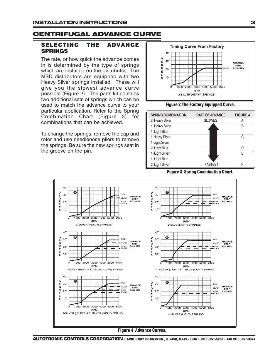 Centrifugal advance curve, Selecting the advance springs | MSD 8384 Ford 351W Dual Pickup Distributor Installation User Manual | Page 3 / 8