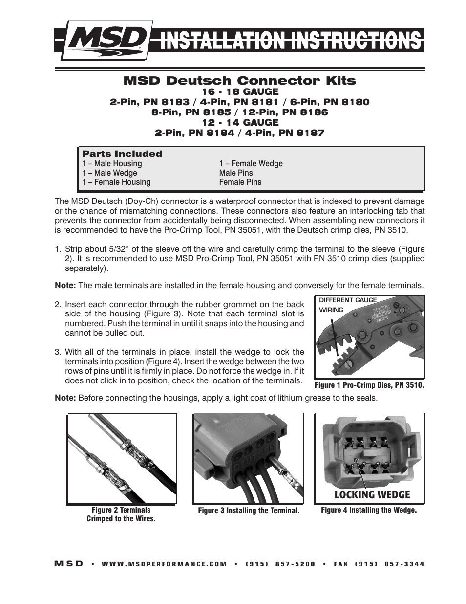 MSD 8187 4-Pin Deutsch Connector, 12-14 gauge Installation User Manual | 2 pages