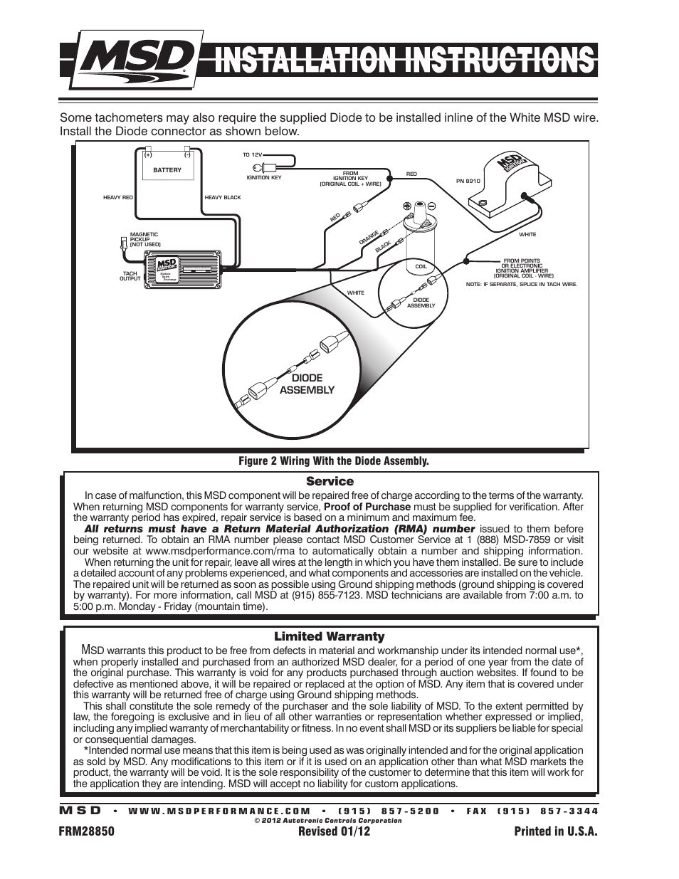 Limited warranty, Service, Figure 2 wiring with the diode assembly | M s d | MSD 8910 Tach Adapter Installation User Manual | Page 2 / 2