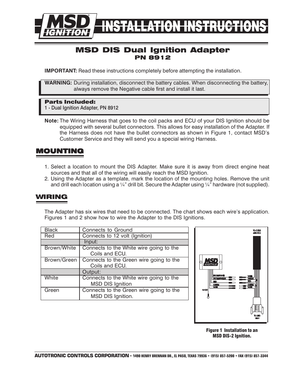 MSD 8912 Tach Adapter for DIS 2 and DIS 4 Ignitions Installation User Manual | 2 pages