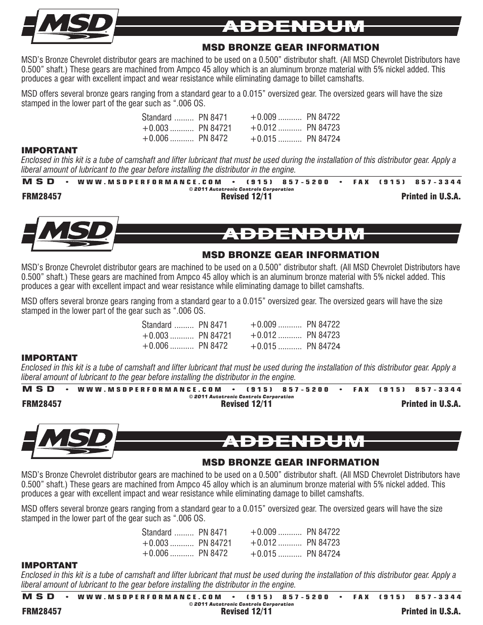 MSD 8472 Oversize Chevy Distributor Gear, Bronze User Manual | 1 page