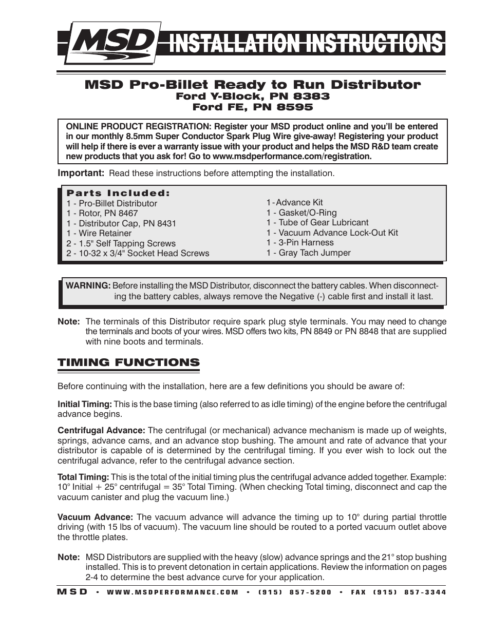 MSD 8383 Ford Y Block Ready-to-Run Distributor Installation User Manual | 8 pages