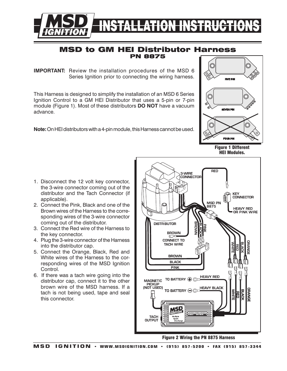 MSD 8875 Wiring Harness, GM HEI Installation User Manual | 2 pages