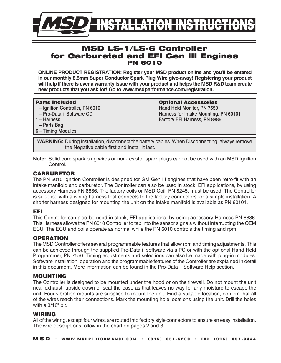 MSD 6010 6LS Ignition Controller for LS1_LS6 (24 tooth crank trigger) Engines Installation User Manual | 8 pages