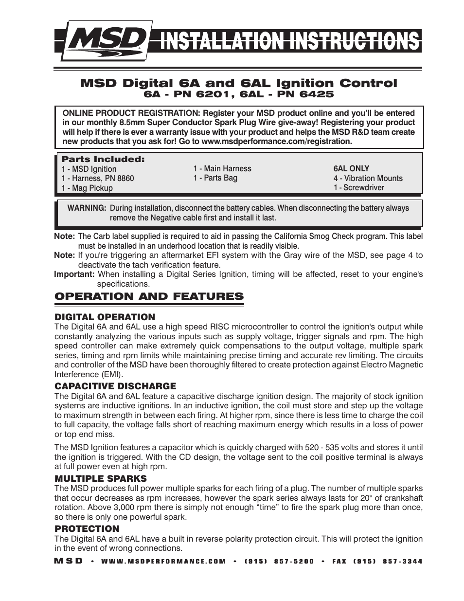 MSD 6201 Digital 6A Ignition Control User Manual | 20 pages